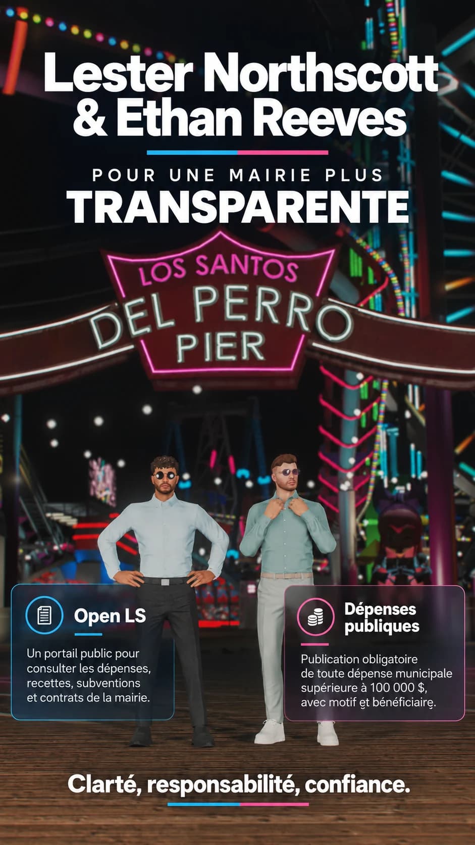 Affiche « Pour une mairie plus transparente » : les candidats au Del Perro Pier, avec les mesures Open LS et Dépenses publiques