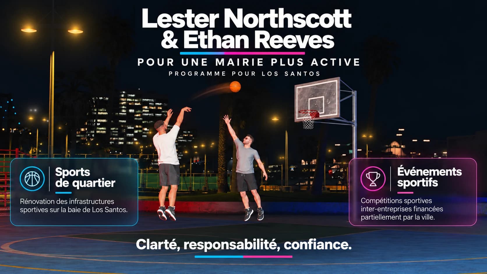 Affiche « Pour une mairie plus active » : les candidats jouent au basket, avec les mesures Sports de quartier et Événements sportifs