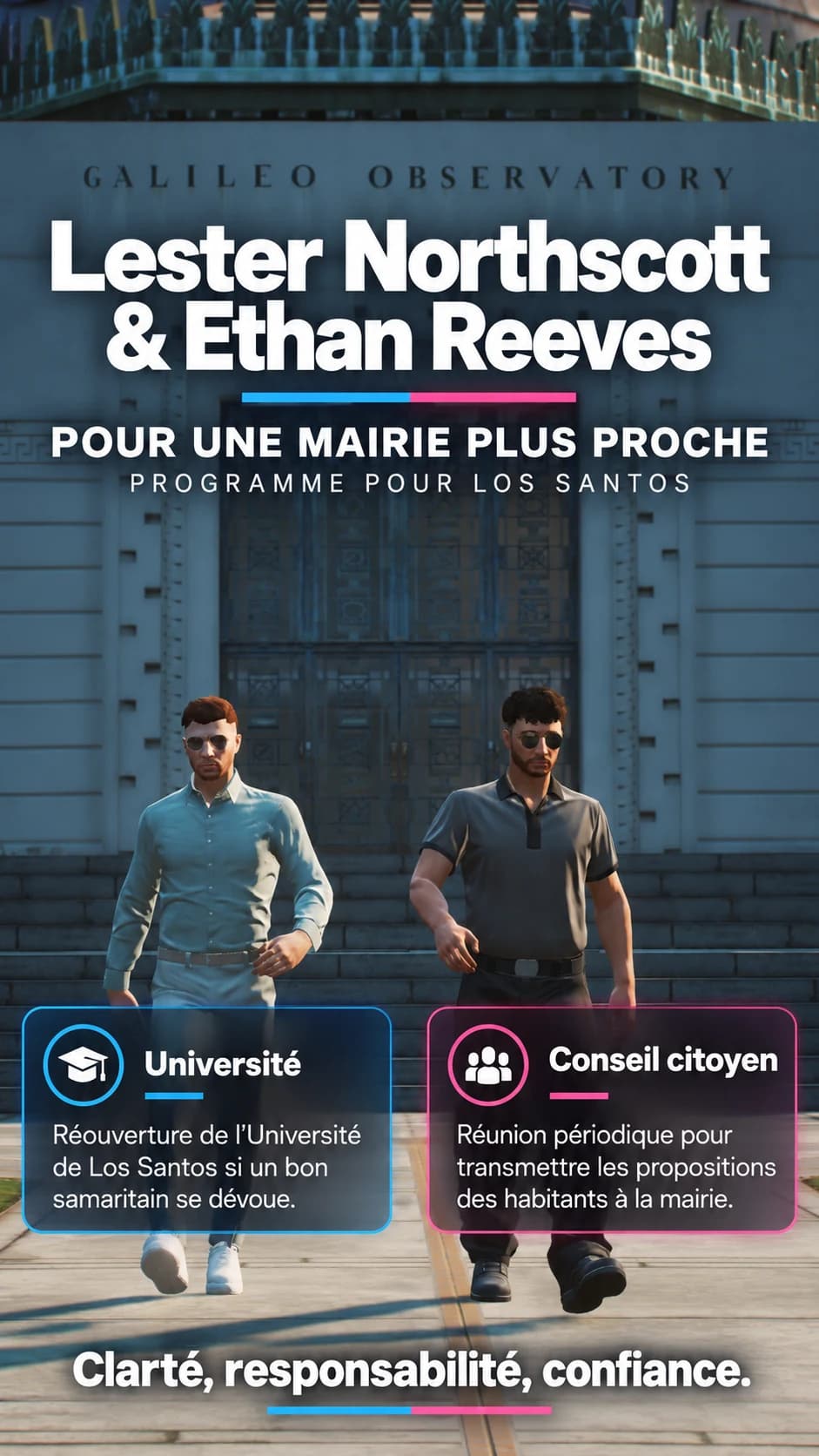 Affiche « Pour une mairie plus proche » : les candidats devant le Galileo Observatory, avec les mesures Université et Conseil citoyen