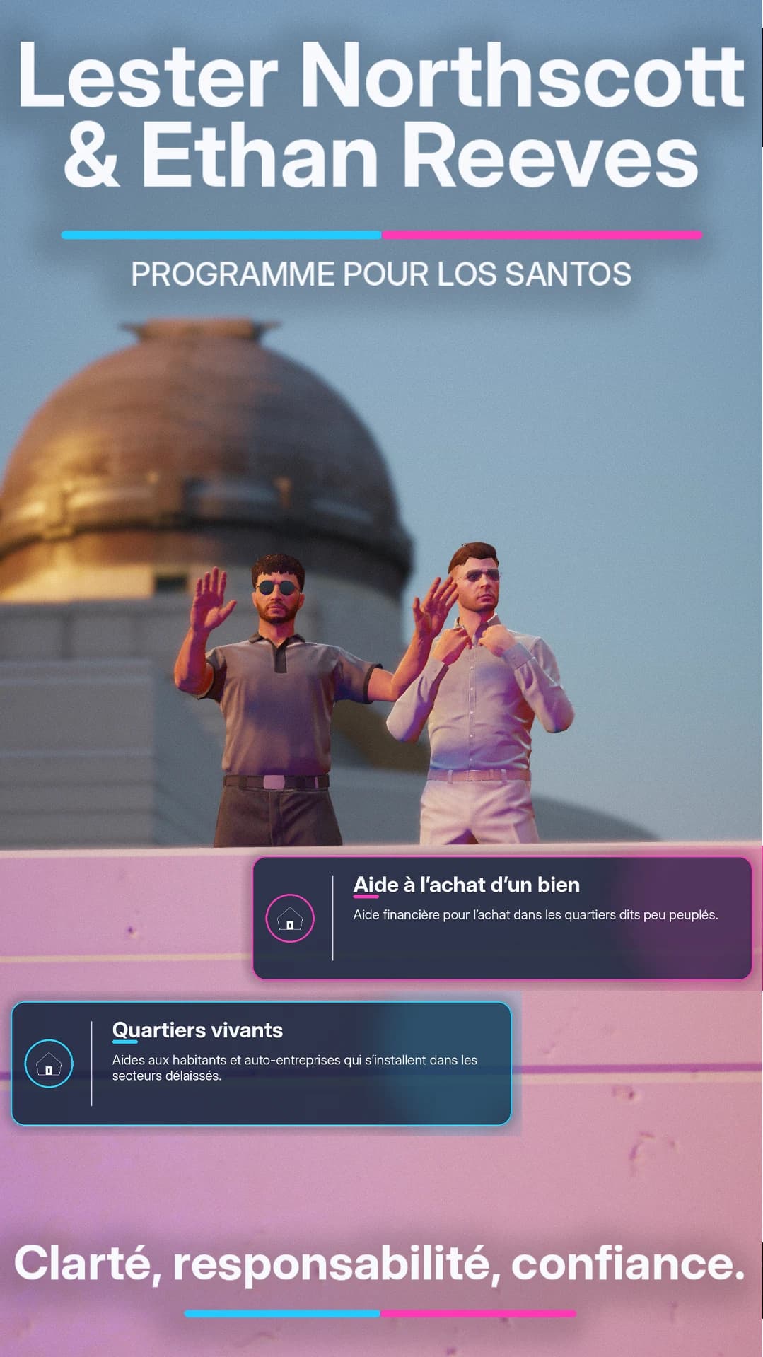 Affiche « Programme pour Los Santos » : les candidats saluent devant le dôme de l’observatoire, avec les mesures Aide à l’achat d’un bien et Quartiers vivants