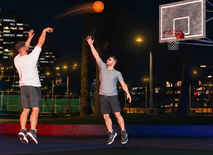 Lester Northscott et Ethan Reeves jouent au basket sur un terrain de quartier, de nuit